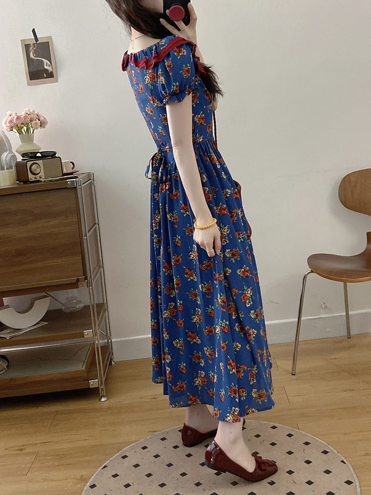 Elegant French Puff Sleeve Floral Maxi Dress – High-End Waist Slim Seaside Holiday Style