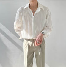 Men’s Loose Fit Wrinkle Texture Long Sleeve Korean Casual Shirt