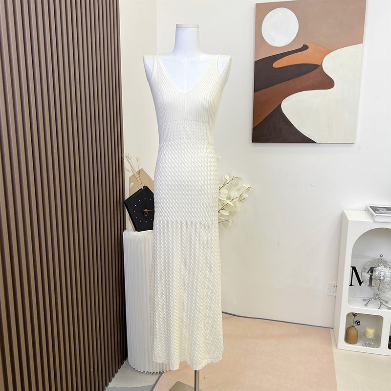 Women's White V-Neck Knit Camisole Slim Fit Bodycon Dress