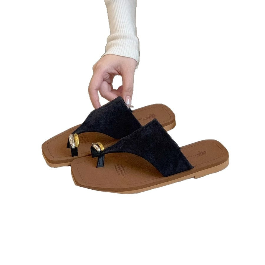French Metal Buckle Flip-Flops for Women – Flat Soft Bottom Outdoor Holiday Sandals