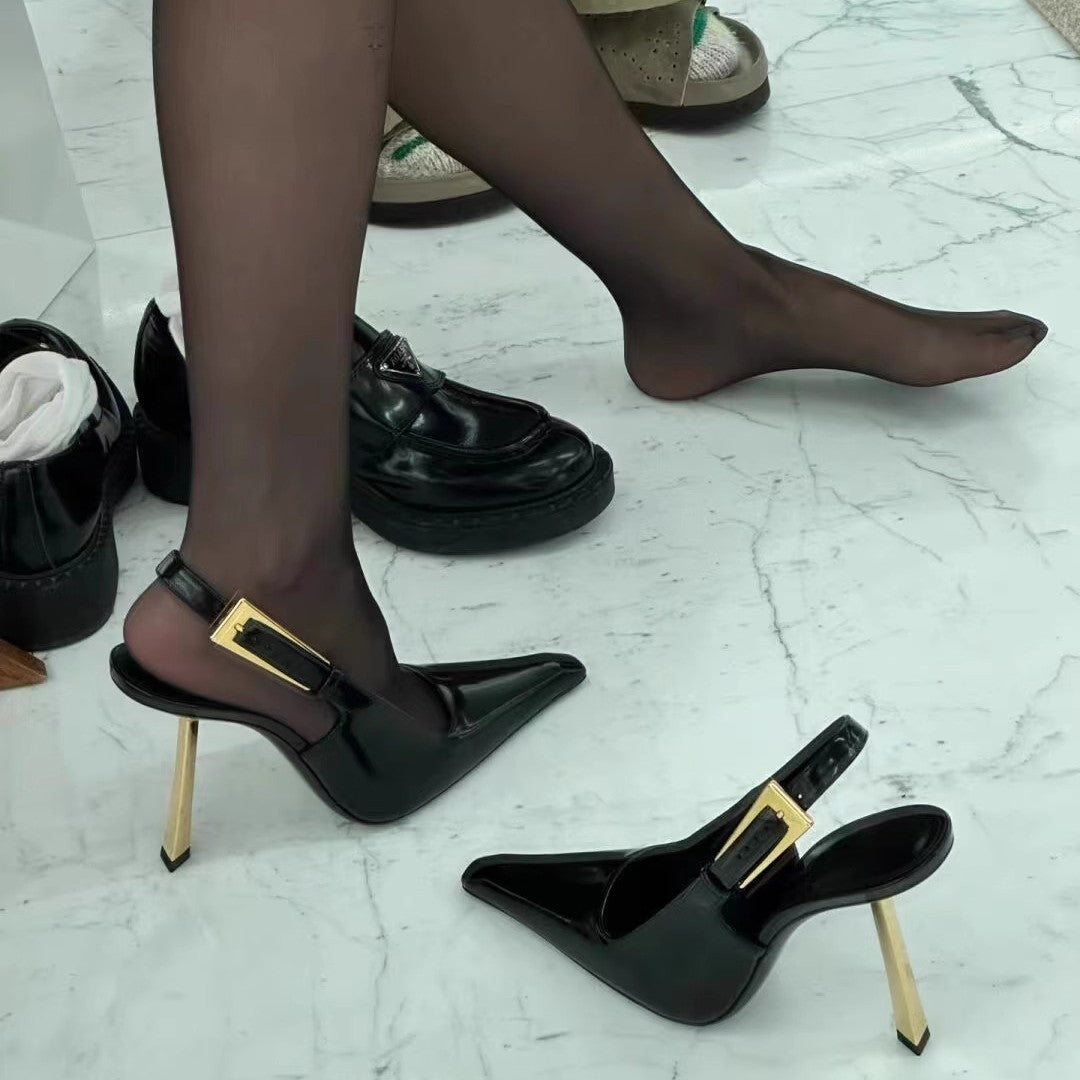 Black Patent Leather Pointed Stiletto Heels – Elegant Metal Baotou Sandals Inspired by Nazha