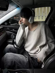 Relaxed Textured Knit Long Sleeve T-Shirt for Men – Loose Fit Crew Neck Top