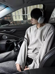 Relaxed Textured Knit Long Sleeve T-Shirt for Men – Loose Fit Crew Neck Top