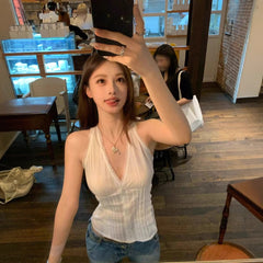 White Lace Deep V-Neck Camisole Blouse with Splicing Detail