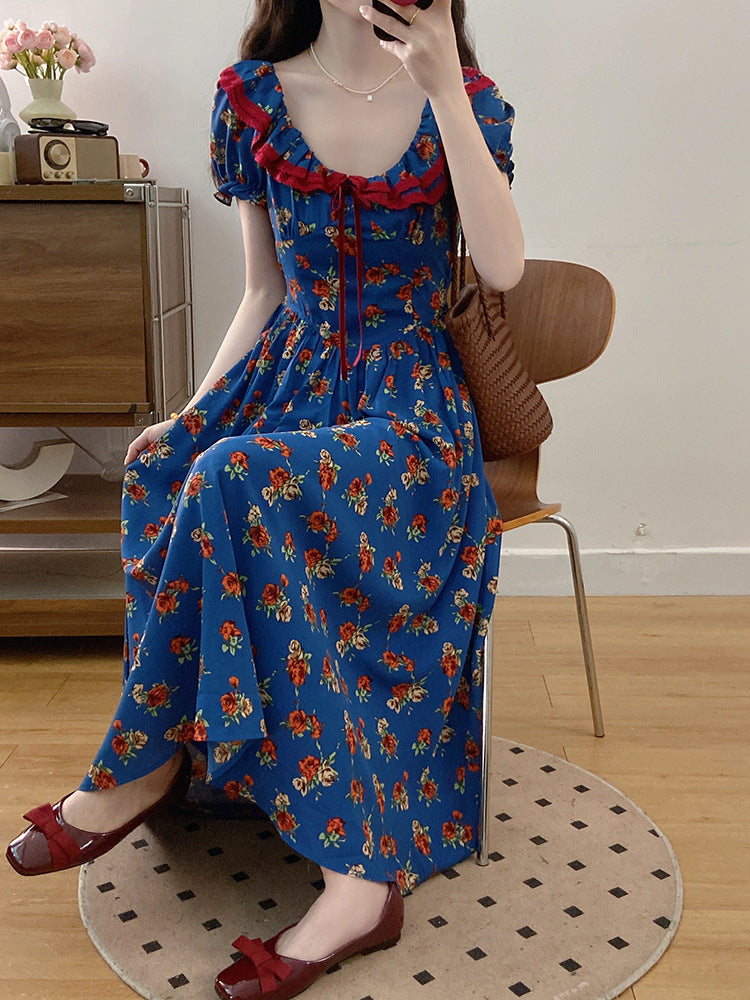 Elegant French Puff Sleeve Floral Maxi Dress – High-End Waist Slim Seaside Holiday Style