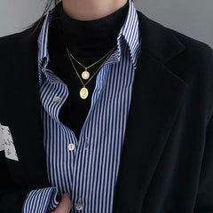 Women’s Retro Layered Blue Vertical Striped Shirt – Niche Design Casual Loose Fit