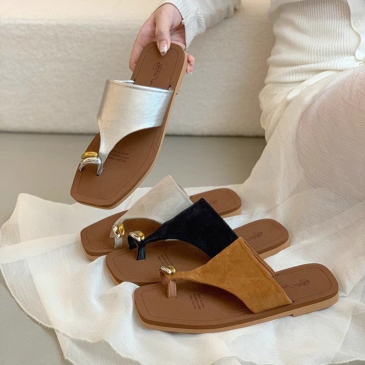 French Metal Buckle Flip-Flops for Women – Flat Soft Bottom Outdoor Holiday Sandals
