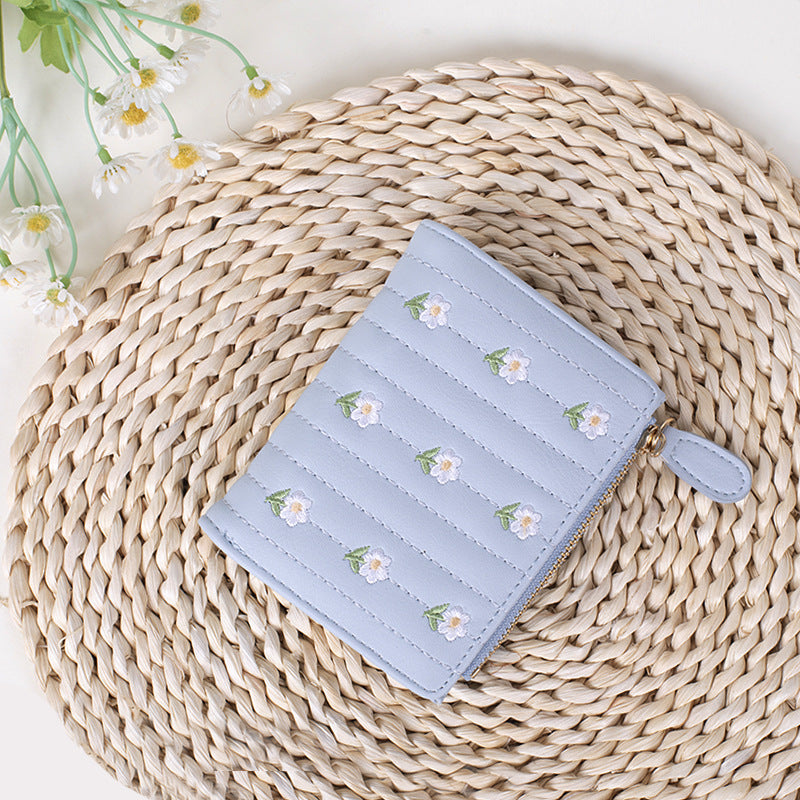 Embroidered Floral Short Wallet – Cute Fresh Small Purse for Women