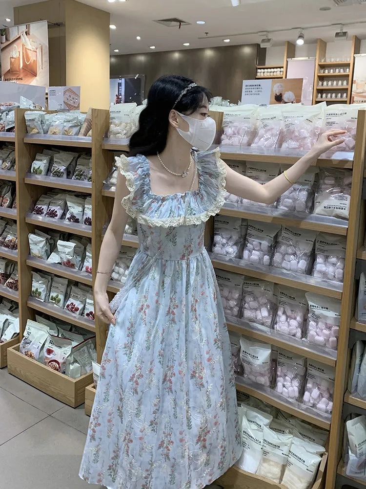 Square Neck Floral Dress for Women – French Pastoral Style A-Line Tea Break Skirt with Waist Design