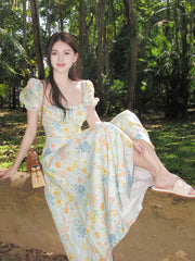 French Style Floral Slit Maxi Dress for Women – Elegant Vacation Look