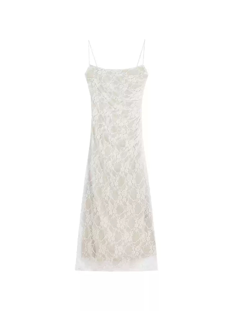 Women's White Lace Backless Ruched Camisole Bodycon Maxi Dress