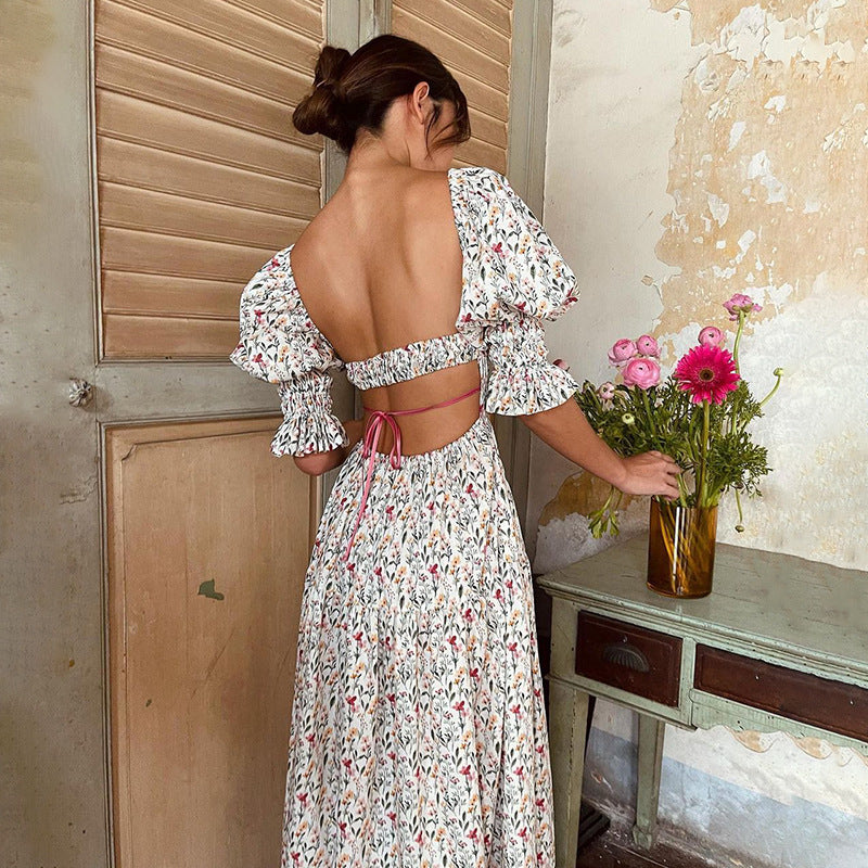Niche Design Backless Floral Seaside Dress for Women – Elegant Flowy Vacation Style