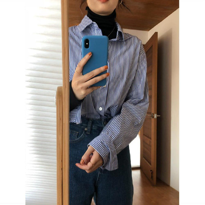 Women’s Retro Layered Blue Vertical Striped Shirt – Niche Design Casual Loose Fit