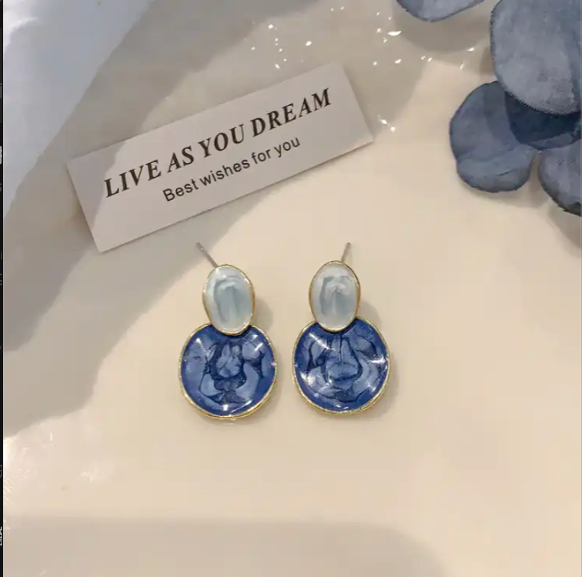 Asymmetric blue advanced exaggerated unique design earrings for women