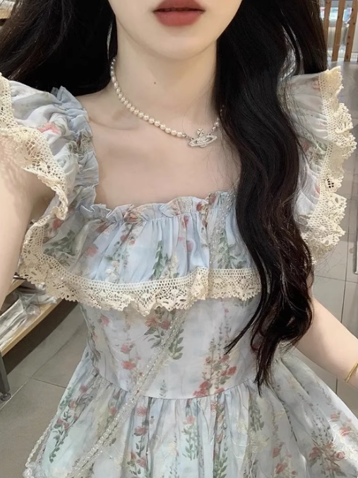 Square Neck Floral Dress for Women – French Pastoral Style A-Line Tea Break Skirt with Waist Design