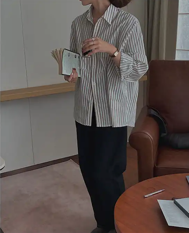 Korean style Spring women's retro loose high-end long-sleeved vertical striped shirt