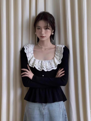 Korean Contrast Color Ruffle Button Sweater – Slim Fit French Style Top for Women