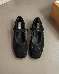 Women’s White Lace Mesh Ballet Flats – Floral Embroidered Tie-Up Shoes
