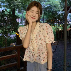Chic shirt summer loose V-neck short-sleeved thin sweet floral top