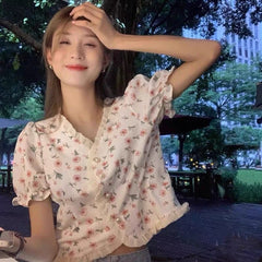 Chic shirt summer loose V-neck short-sleeved thin sweet floral top