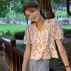 Chic shirt summer loose V-neck short-sleeved thin sweet floral top