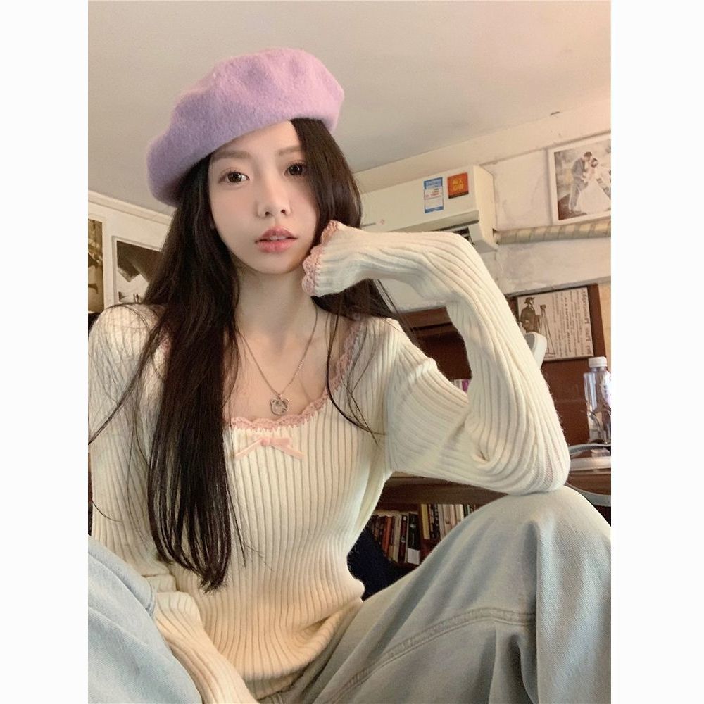 Korean Sweet Lace Edge Long Sleeve Knit Top for Women - Slimming & Trendy