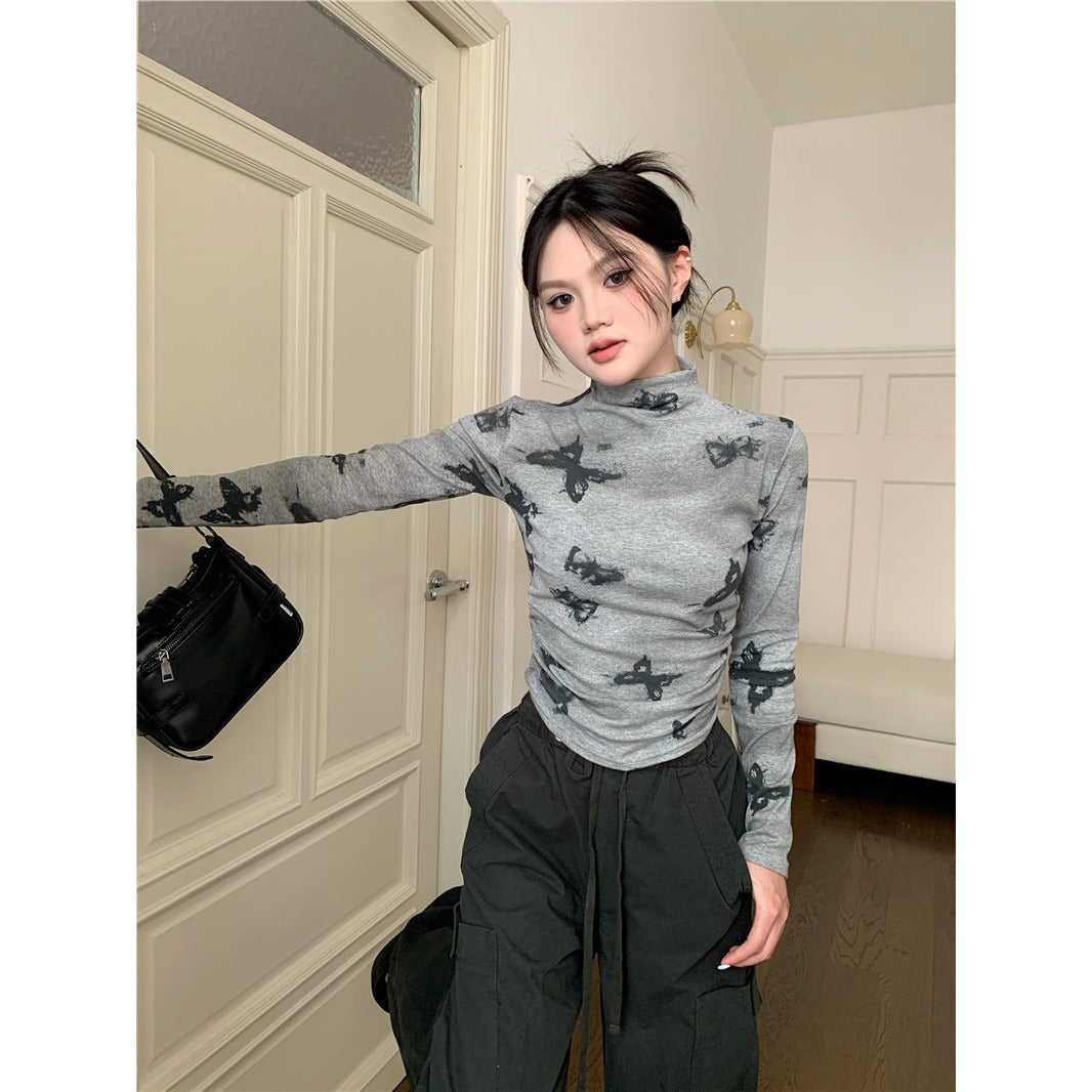 Bad Girl Style Butterfly Print Mock Neck T-Shirt | Pleated Long Sleeve Short Top for Women