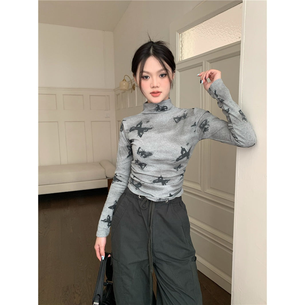 Bad Girl Style Butterfly Print Mock Neck T-Shirt | Pleated Long Sleeve Short Top for Women
