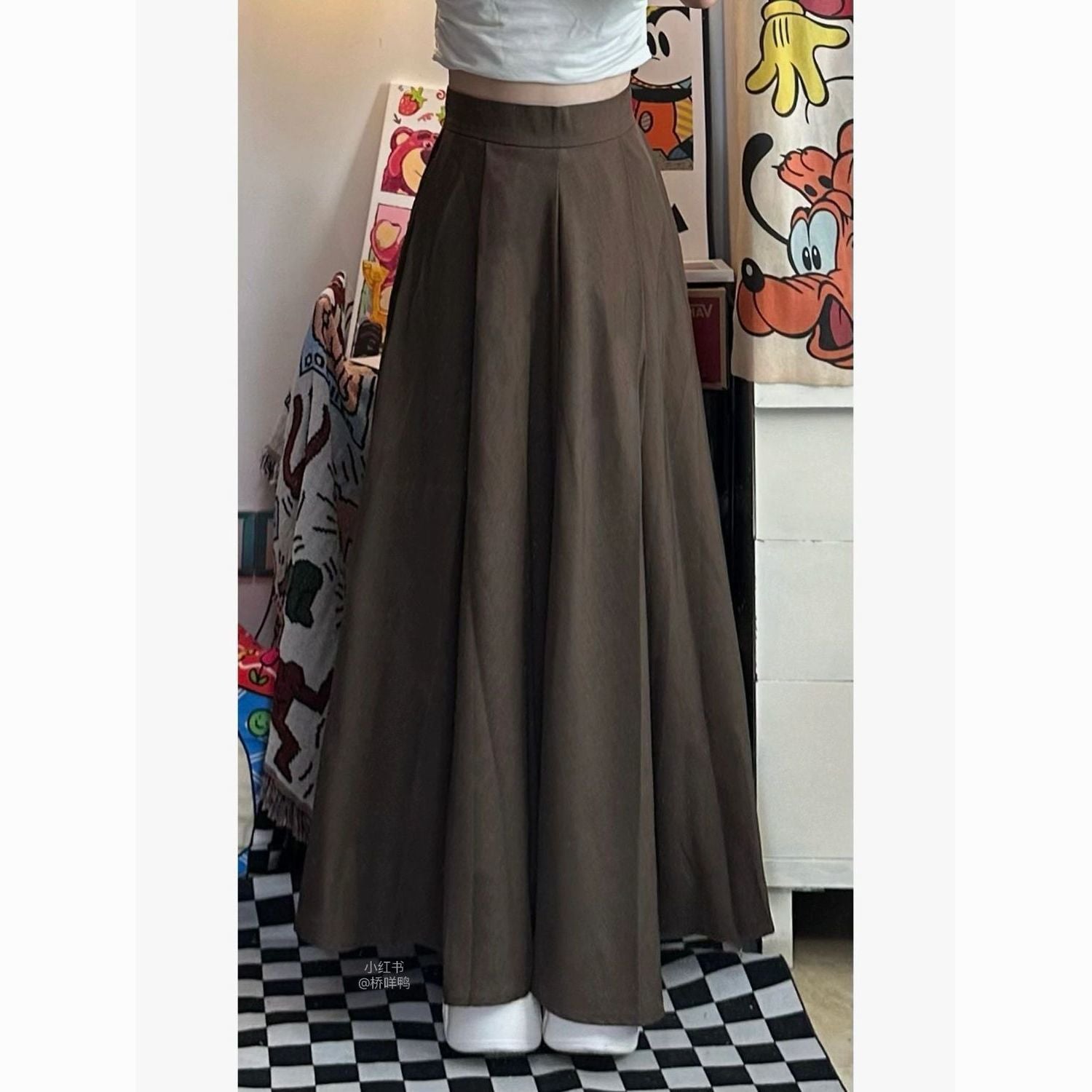 Vintage Coffee High-Waisted A-Line Skirt | Hepburn Style  Draped Suit Skirt