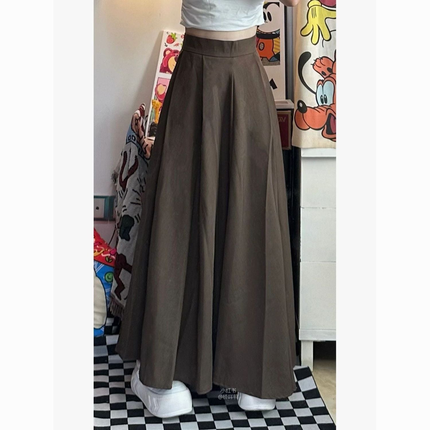 Vintage Coffee High-Waisted A-Line Skirt | Hepburn Style  Draped Suit Skirt