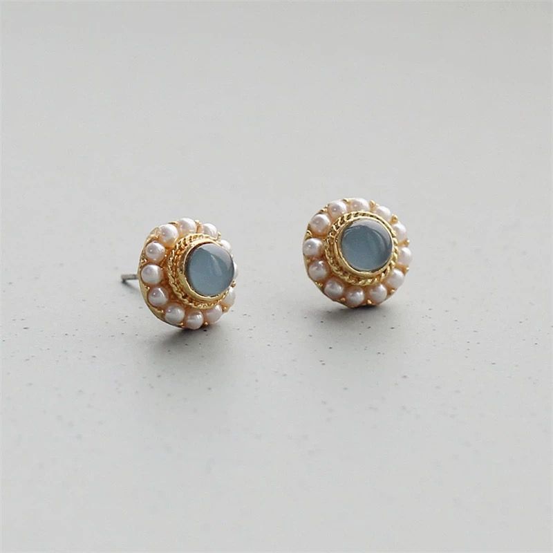 Anti-Allergy 925 Pure Silver Pearl Stud Earrings | Misty Blue, No Need to Remove While Sleeping, Small & Simple