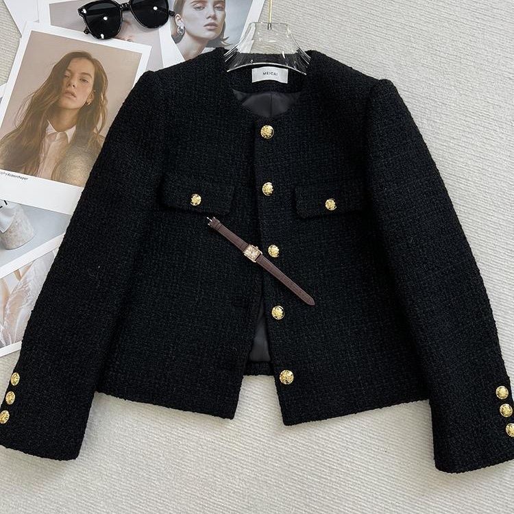 High-End Round Neck Chanel-Inspired Short Jacket | Petite French Tweed Coat for Women, Exquisite Design