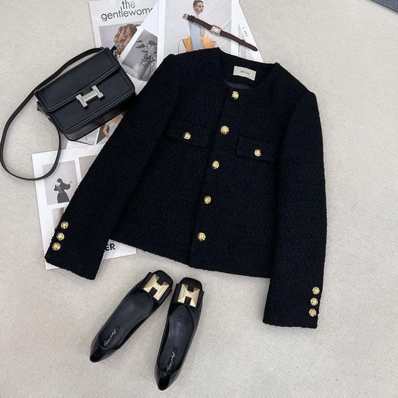 High-End Round Neck Chanel-Inspired Short Jacket | Petite French Tweed Coat for Women, Exquisite Design