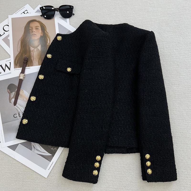 High-End Round Neck Chanel-Inspired Short Jacket | Petite French Tweed Coat for Women, Exquisite Design
