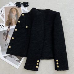 High-End Round Neck Chanel-Inspired Short Jacket | Petite French Tweed Coat for Women, Exquisite Design