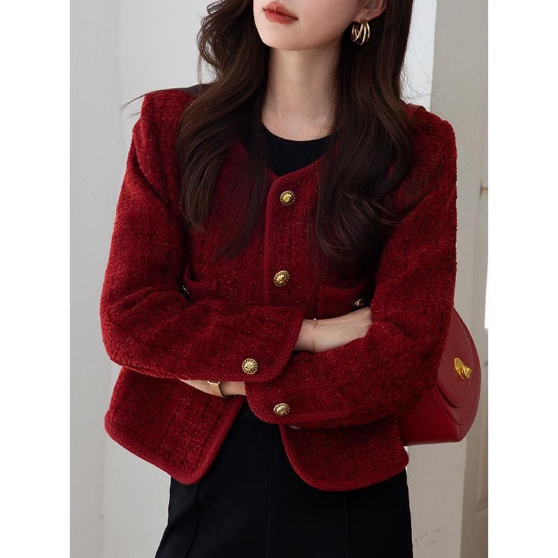 Wine Red Chanel-Inspired Short Jacket | French Chic Coat for Petite Women