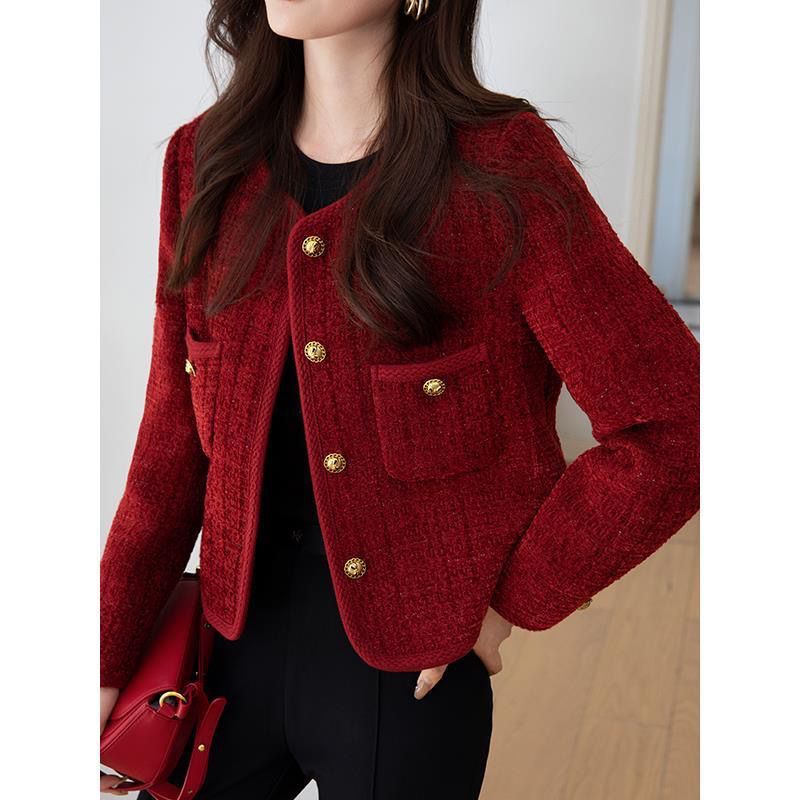 Wine Red Chanel-Inspired Short Jacket | French Chic Coat for Petite Women