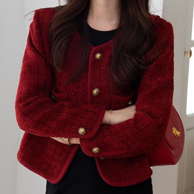 Wine Red Chanel-Inspired Short Jacket | French Chic Coat for Petite Women