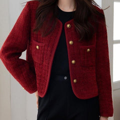 Wine Red Chanel-Inspired Short Jacket | French Chic Coat for Petite Women