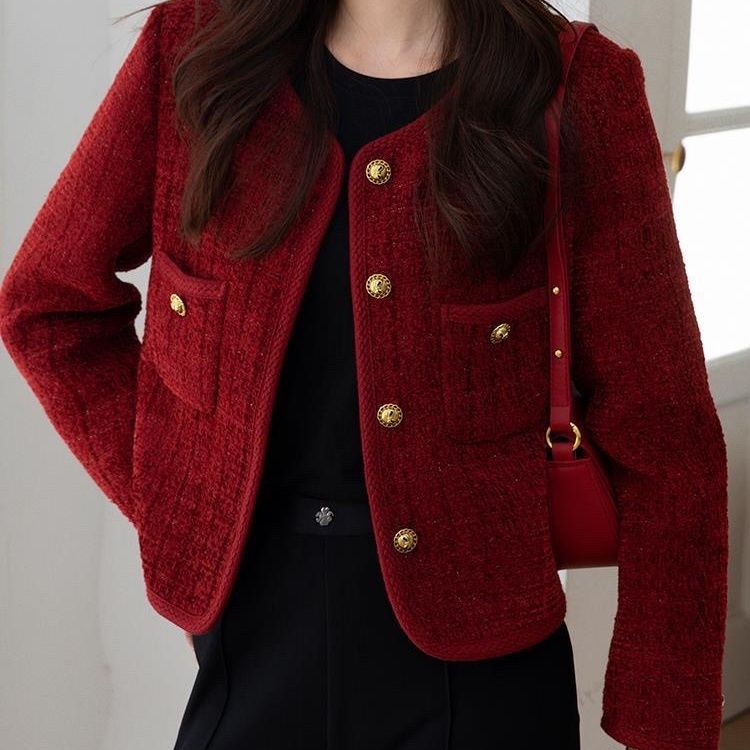 Wine Red Chanel-Inspired Short Jacket | French Chic Coat for Petite Women