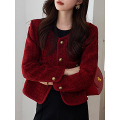 Wine Red Chanel-Inspired Short Jacket | French Chic Coat for Petite Women