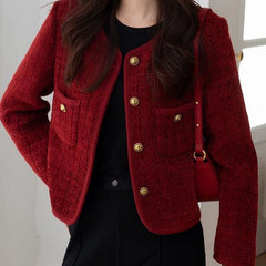 Wine Red Chanel-Inspired Short Jacket | French Chic Coat for Petite Women