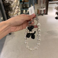 Dongdaemun Baket Dog Pearl Short Phone Chain - Cute Bubble Dog Design, Black, No Fixed Nails