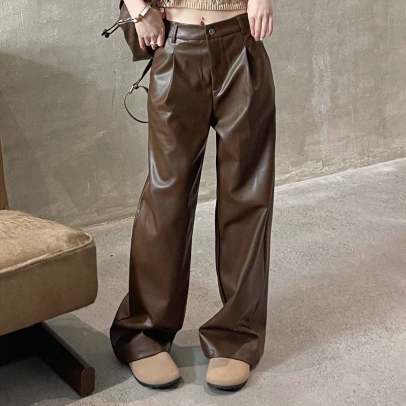 Loose Fit High Waist PU Leather Pants for Women | Vintage Straight-Leg Casual Trousers