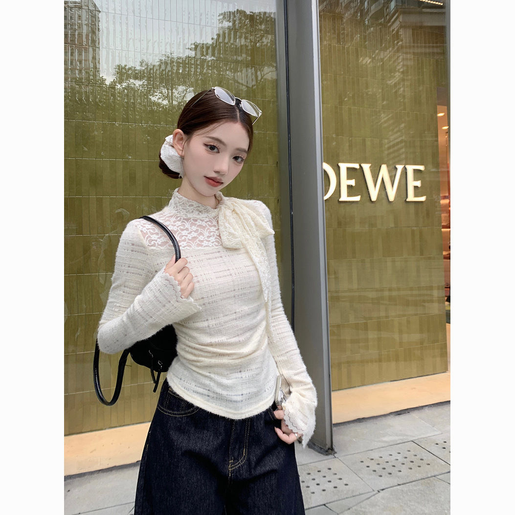 White Lace Bow Long-Sleeve T-Shirt Women - Chic Short Elegant Fall Top