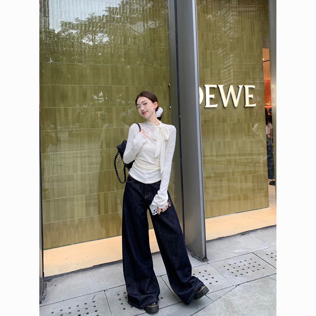 White Lace Bow Long-Sleeve T-Shirt Women - Chic Short Elegant Fall Top