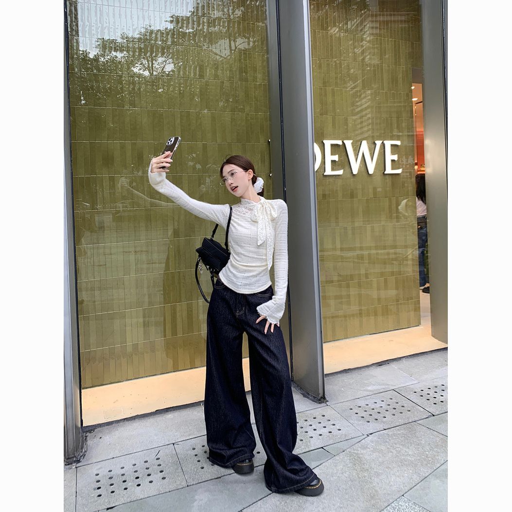 White Lace Bow Long-Sleeve T-Shirt Women - Chic Short Elegant Fall Top