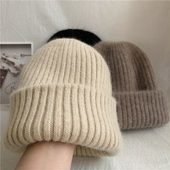 Warm Rabbit Fur Knit Hat for Women – Double-Layered, Thickened Woolen Beanie, Casual Ear-Protecting Soft Hat