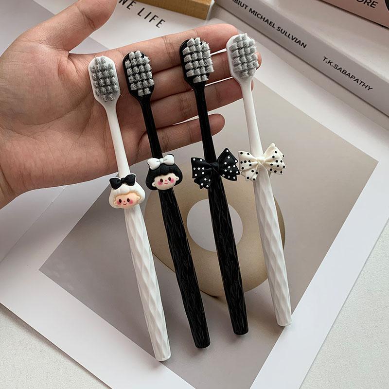Cute Black & White Soft Bristle Toothbrush Set with Butterfly Bow & Diamond Pattern Handle - Adult & Couple Home Use, Wide Head Design