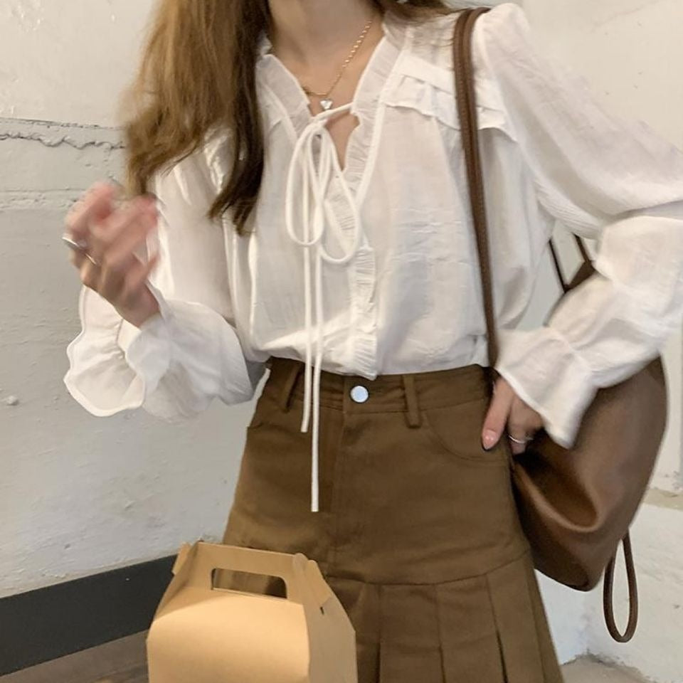 V-Neck Lace Trim Blouse for Women – Elegant Loose Fit Bell Sleeve Top with Tie Detail